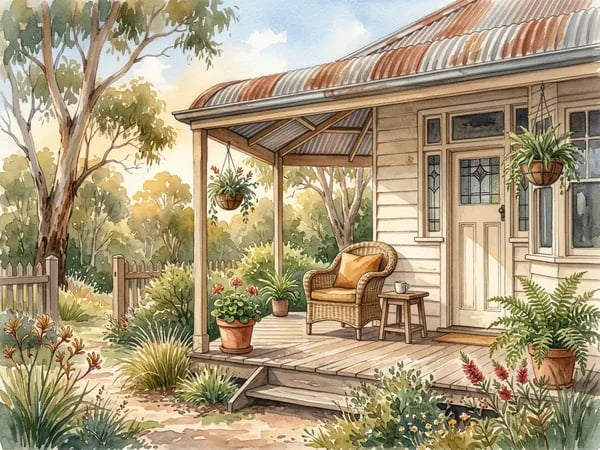 A sunlit veranda overlooking landscaped bushland gardens at an Australian residential aged care home
