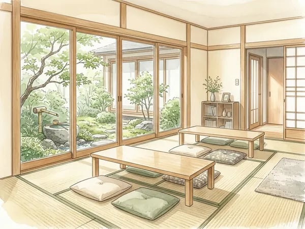 日本の高齢者介護施設の明るく落ち着いた共有デイルーム