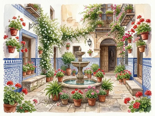 Un soleado patio andaluz en una residencia de mayores con vegetación y sombra natural
