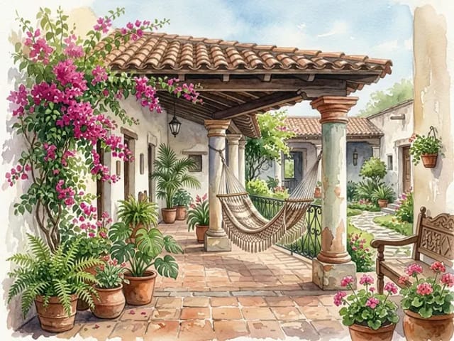 Illustration of a Latin American senior care home with hammock patio